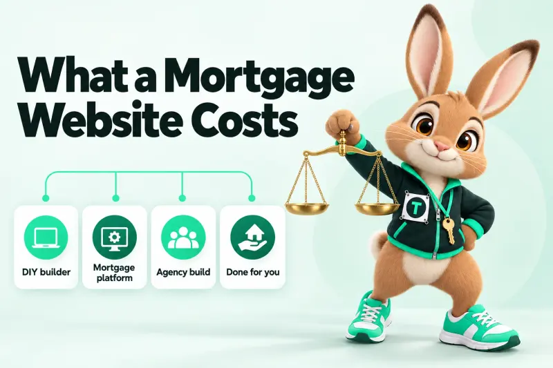 Infographic: What a Mortgage Website Costs — DIY builder; Mortgage platform; Agency build; Done for you. Tavi the hare mascot holding a balance scale.