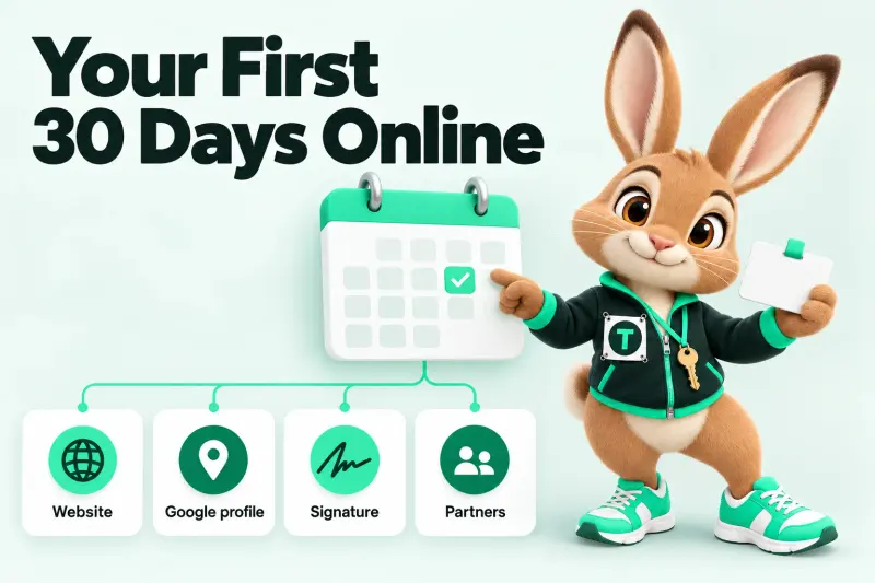 Infographic: Your First 30 Days Online — Website; Google profile; Signature; Partners. Tavi the hare mascot holding a fresh blank license card and pointing at a calendar.