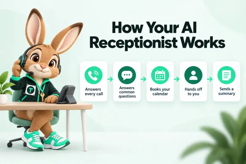 Infographic: How Your AI Receptionist Works — Answers every call; Answers common questions; Books your calendar; Hands off to you; Sends a summary. Tavi the hare mascot wearing a headset.
