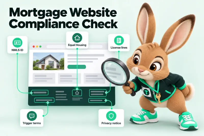Infographic: Mortgage Website Compliance Check — NMLS ID; Equal Housing; License lines; Trigger terms; Privacy notice. Tavi the hare mascot looking through a large magnifying glass at a website footer.