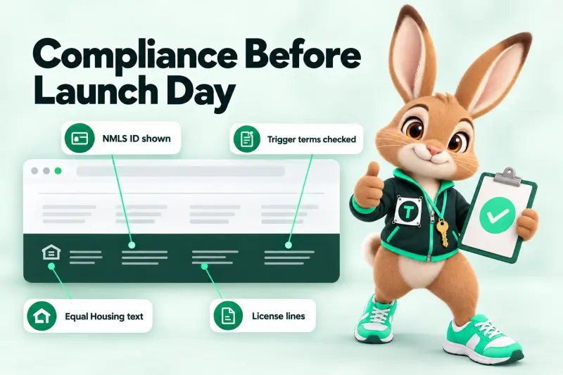 Infographic: Compliance Before Launch Day — NMLS ID shown; Equal Housing text; License lines; Trigger terms checked. Tavi the hare mascot holding a clipboard with a big mint check mark.