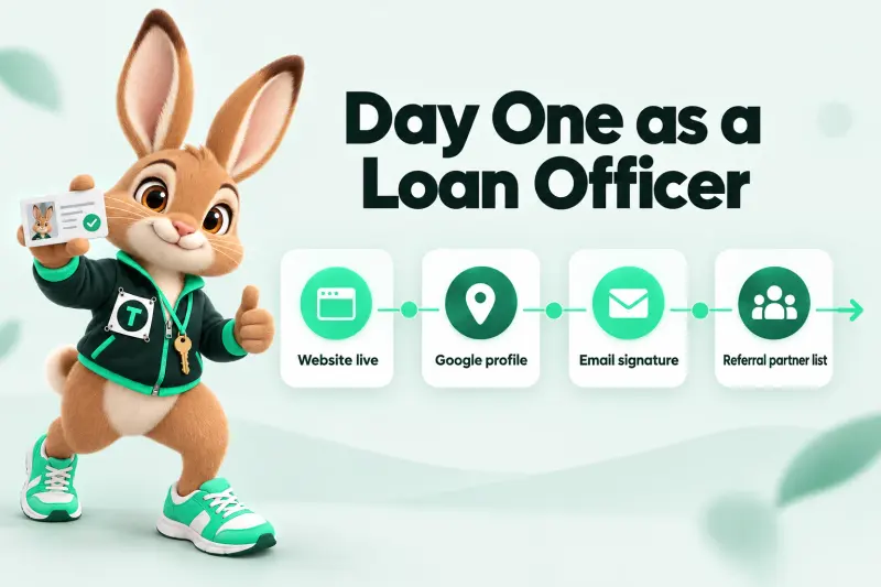 Infographic: Day One as a Loan Officer — Website live; Google profile; Email signature; Referral partner list. Tavi the hare mascot holding up a fresh license card proudly.