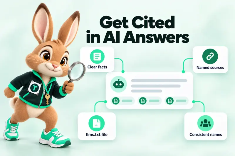 Infographic: Get Cited in AI Answers — Clear facts; Named sources; llms.txt file; Consistent names. Tavi the hare mascot holding a magnifying glass over a chat-style AI answer card with small citation tags.