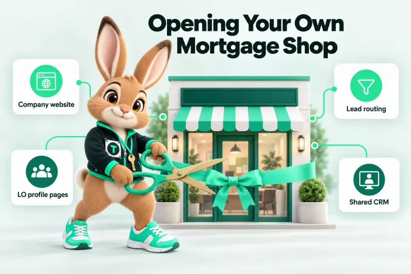 Infographic: Opening Your Own Mortgage Shop — Company website; LO profile pages; Lead routing; Shared CRM. Tavi the hare mascot holding a big pair of ceremonial scissors near a mint ribbon.