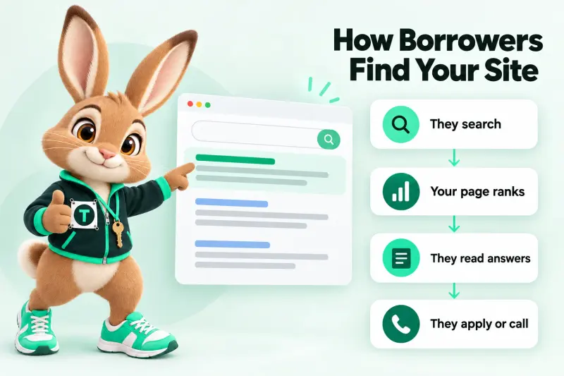 Infographic: How Borrowers Find Your Site — They search; Your page ranks; They read answers; They apply or call. Tavi the hare mascot pointing at a search results page.