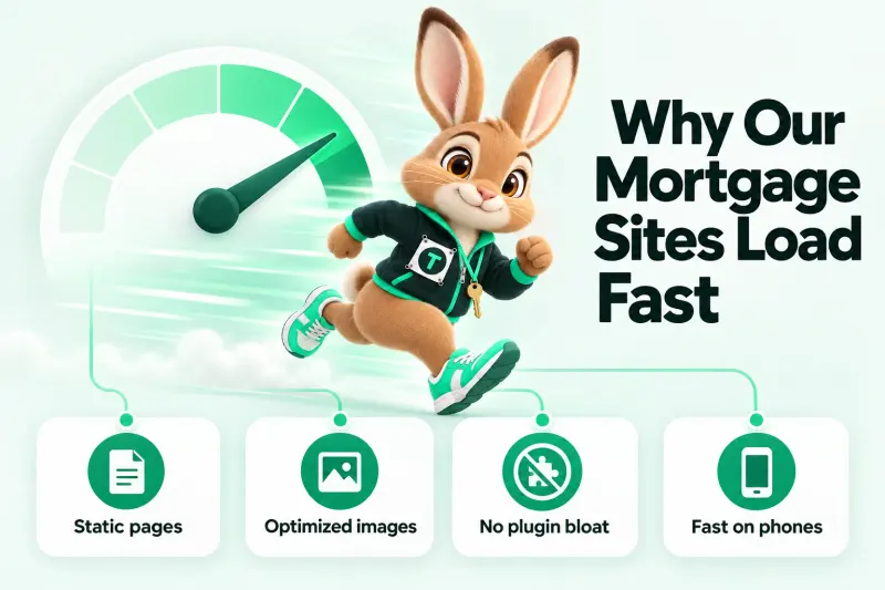 Infographic: Why Our Mortgage Sites Load Fast — Static pages; Optimized images; No plugin bloat; Fast on phones. Tavi the hare mascot sprinting past a speed gauge with the needle in the green zone.