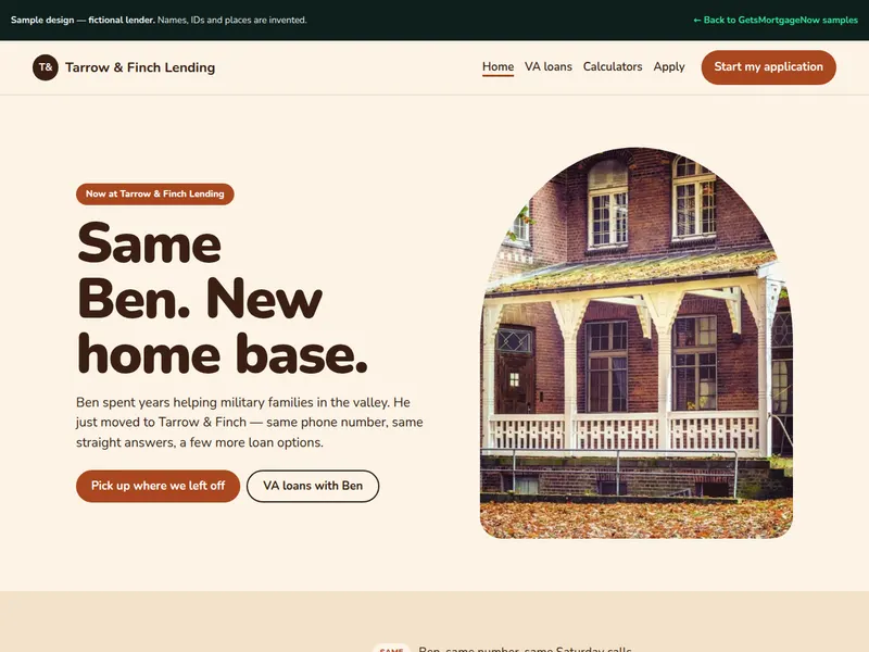 Screenshot of the Tarrow & Finch Lending sample website