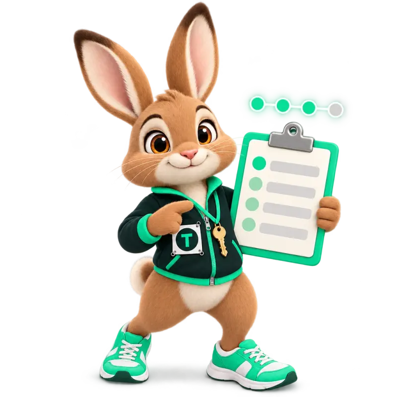 Tavi the hare mascot holding a clipboard with a multi-step form of blank lines — a simple step-by-step application.