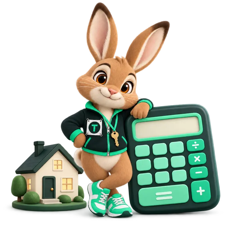 Tavi the hare mascot leaning on a giant friendly calculator with mint buttons (no numbers on display — working calculators on your site.