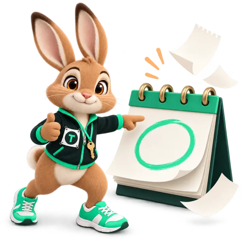 Tavi the hare mascot pointing at a big tear-off desk calendar with one day circled in mint — launch day circled on the calendar.