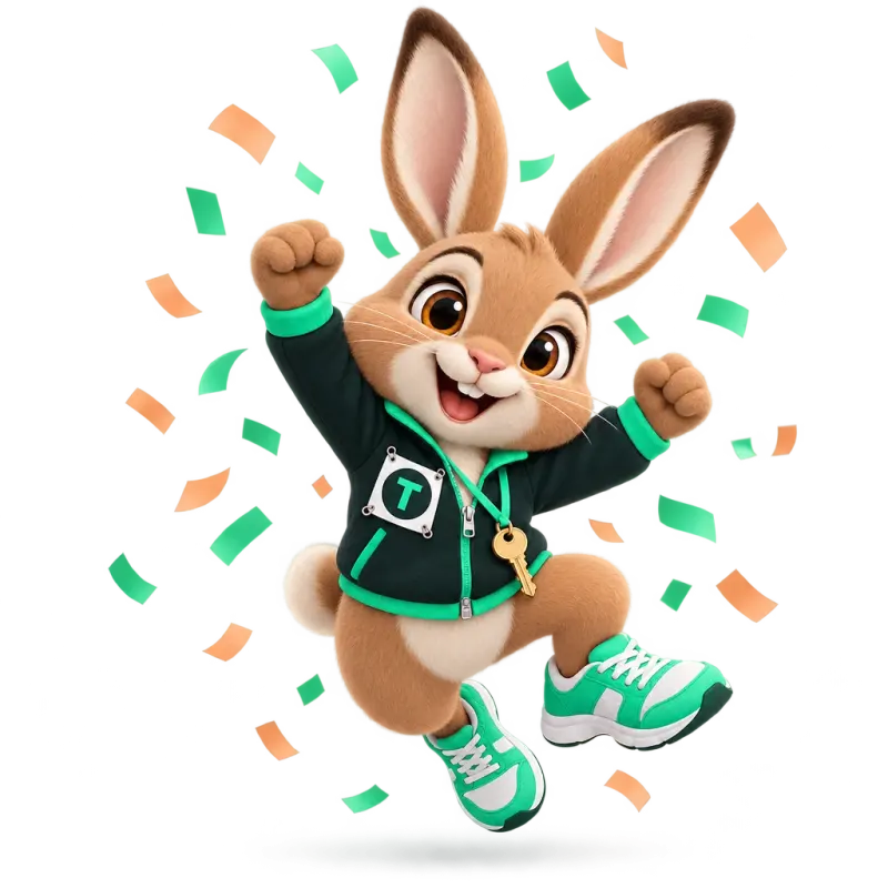 Tavi the hare mascot jumping in celebration with arms up — success, you're on the board.