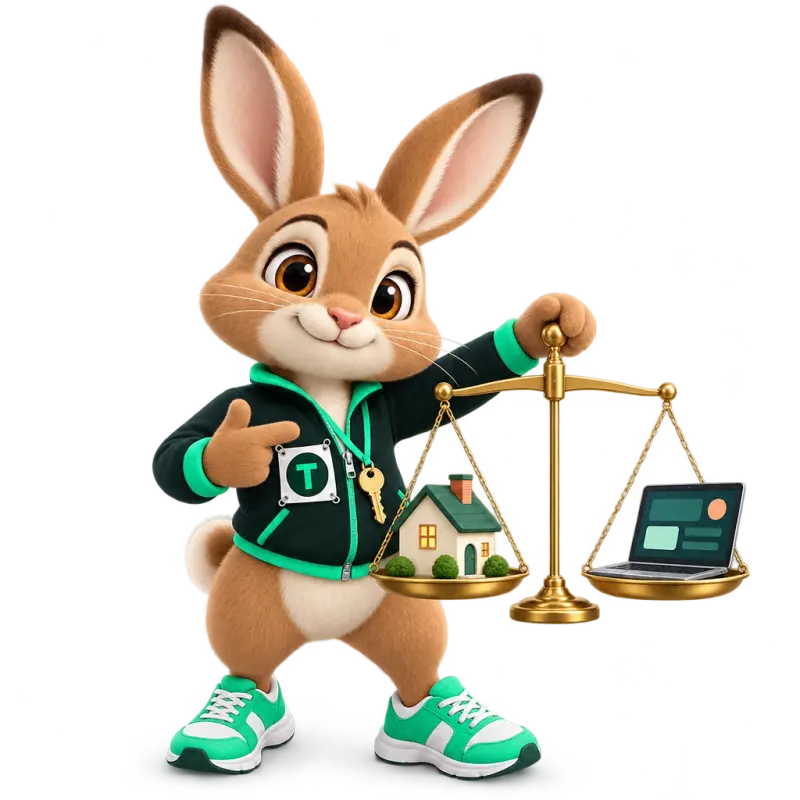 Tavi the hare mascot holding a balance scale with a small house on one side and a laptop on the other — weighing options fairly.