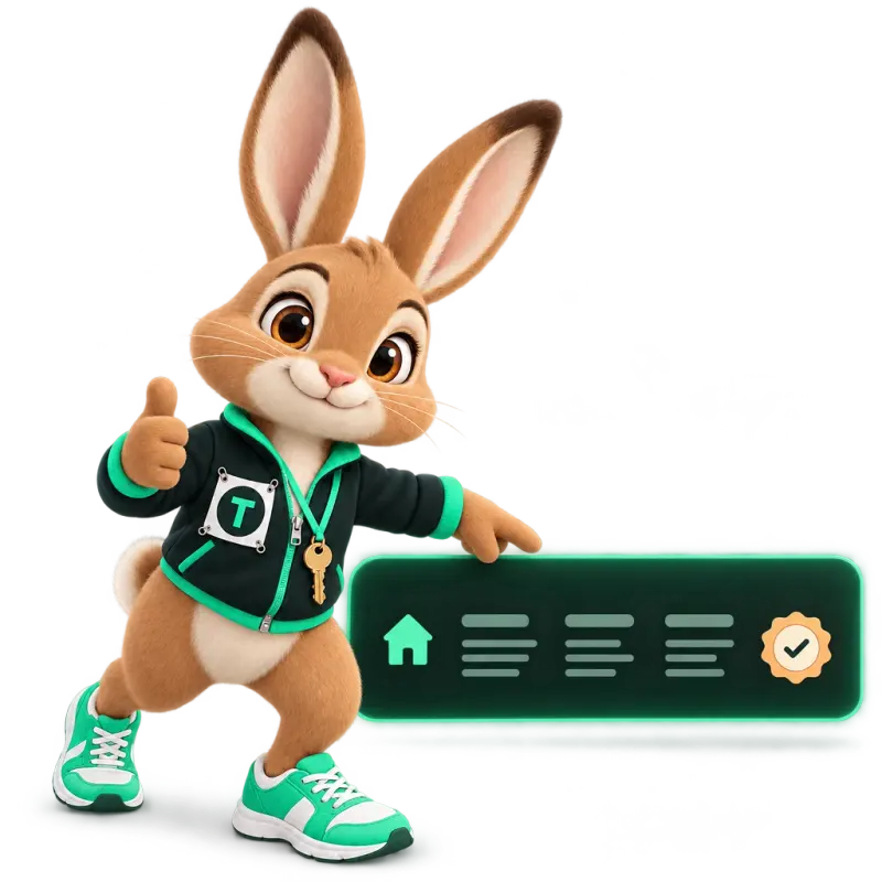 Tavi the hare mascot pointing at a large website footer strip with blank text lines and a small house-shaped icon — the compliance block in your footer.