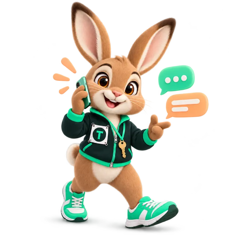 Tavi the hare mascot holding an unbranded phone to one ear with a friendly smile — talk to a human.