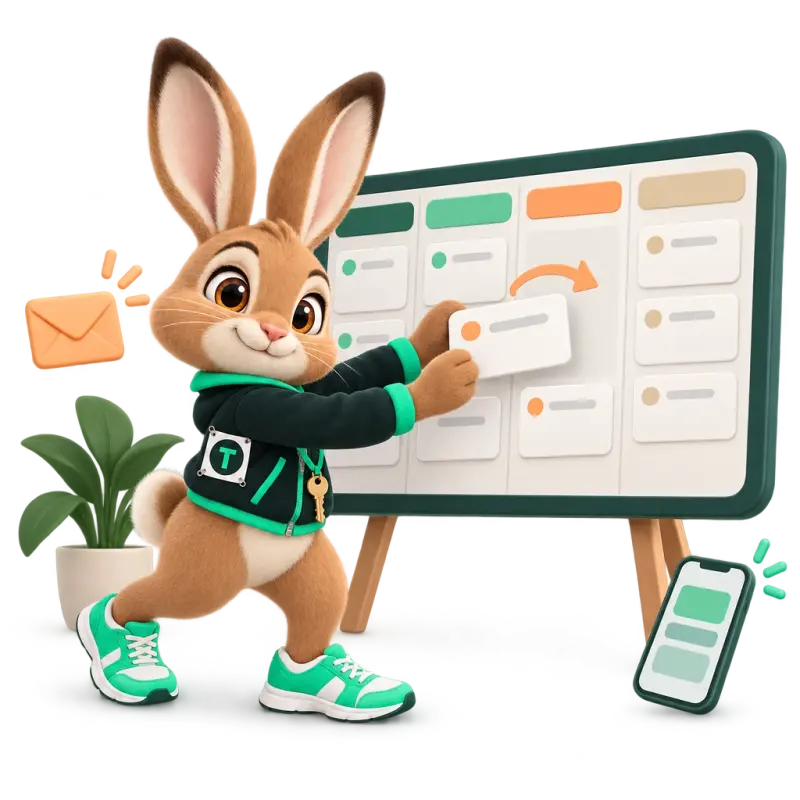 Tavi the hare mascot moving a blank card between columns on a big kanban pipeline board — follow-up never slips.