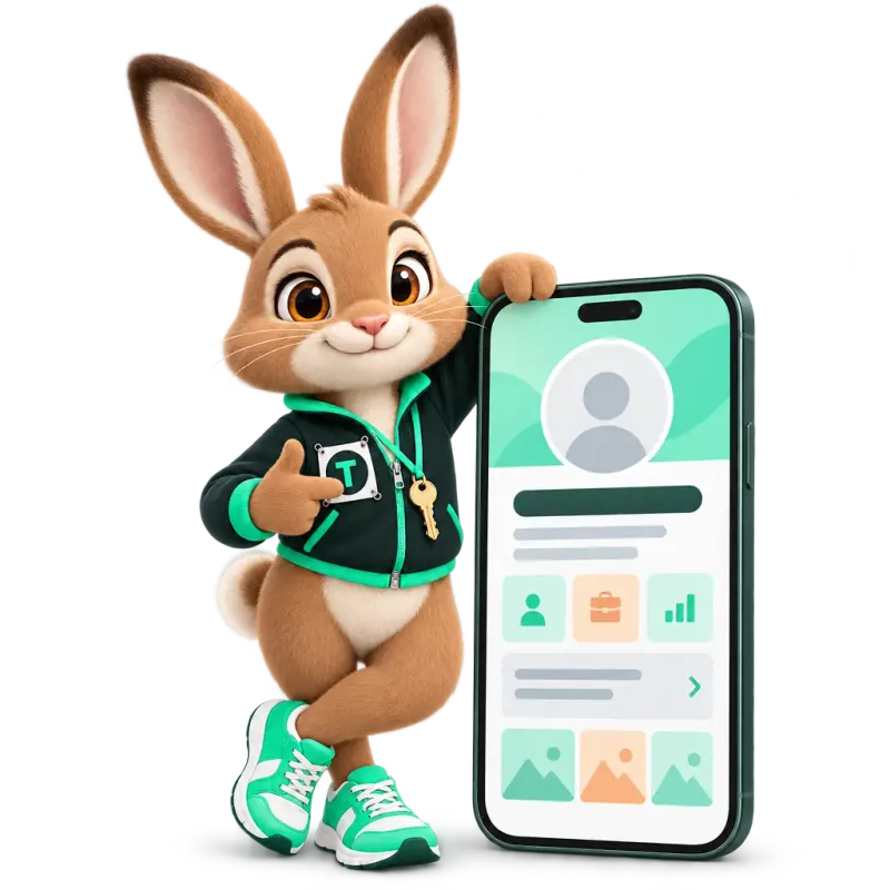 Tavi the hare mascot standing beside a tall smartphone showing a personal profile website with a blank headshot circle — a personal loan officer website.