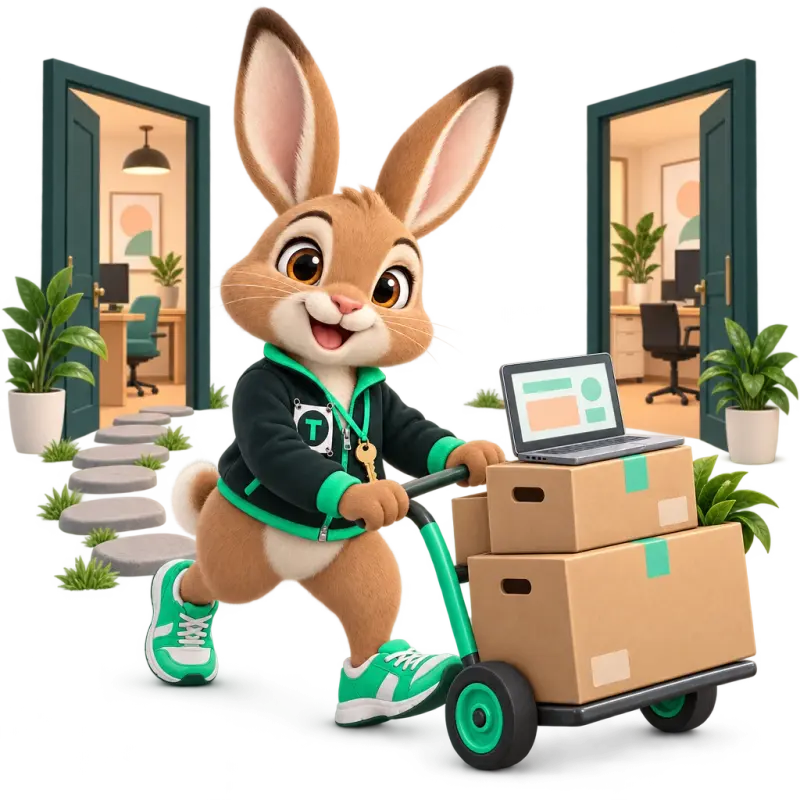 Tavi the hare mascot happily pushing a small hand truck with neatly stacked moving boxes — the move is organized, not chaotic.
