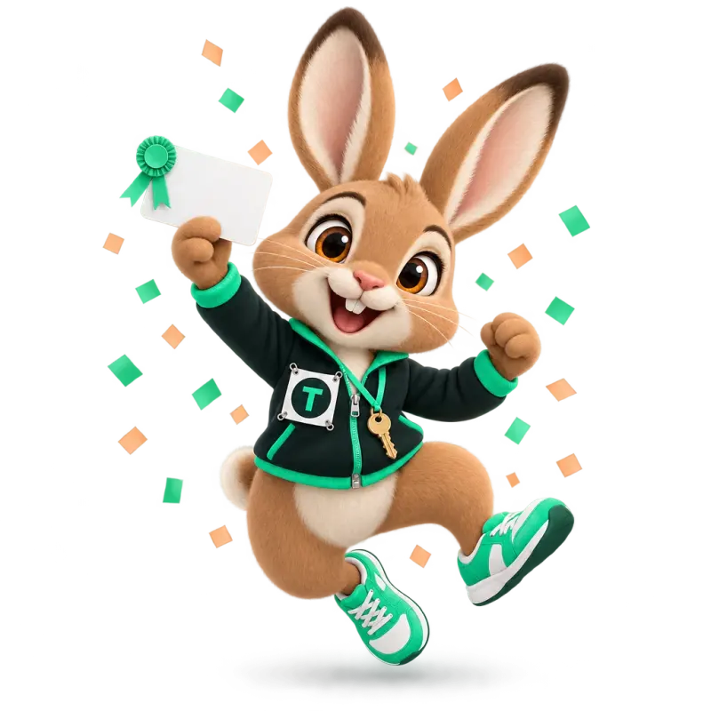 Tavi the hare mascot jumping for joy holding a blank license card (no text) with a small mint ribbon — celebrating a brand-new license.
