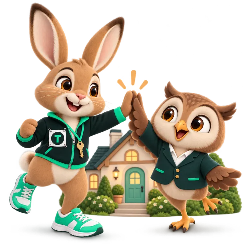 Tavi the hare mascot giving a high-five to a friendly cartoon owl wearing a small blazer (generic — referral partners.