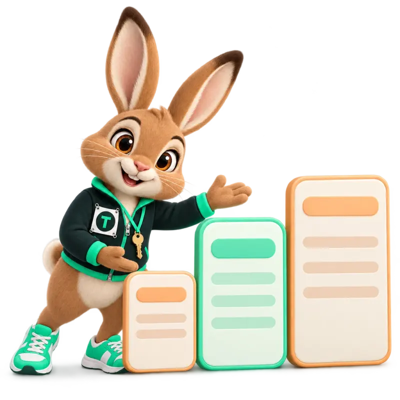 Tavi the hare mascot presenting three stacked blank cards of increasing size like steps — friendly, clear prices.