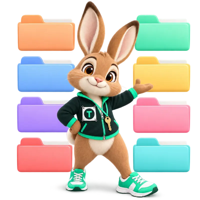Tavi the hare mascot standing in front of a wall of eight blank tabbed folders in different soft colors — a page for every loan program.