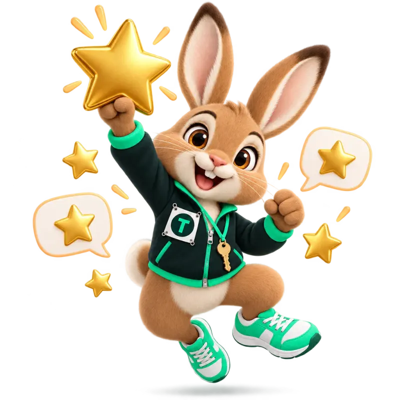 Tavi the hare mascot holding up a big gold star — asking happy borrowers for reviews.