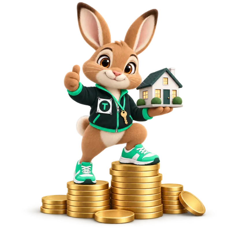 Tavi the hare mascot standing on a stack of coins holding a small house model — what the site costs vs one closed loan.