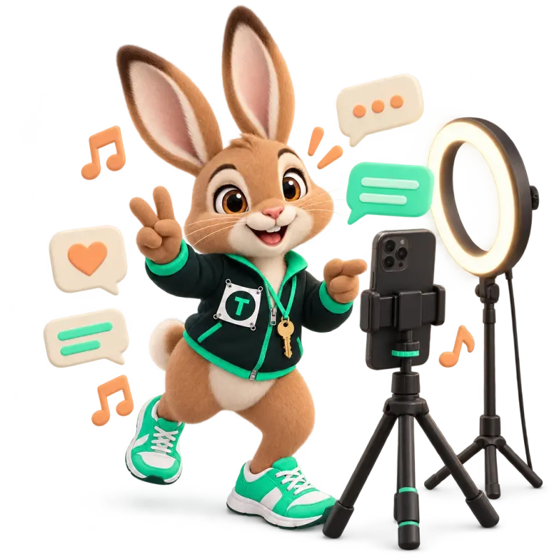 Tavi the hare mascot filming a short vertical video with an unbranded phone on a small tripod with a ring light — short-video viewers who message get answered.