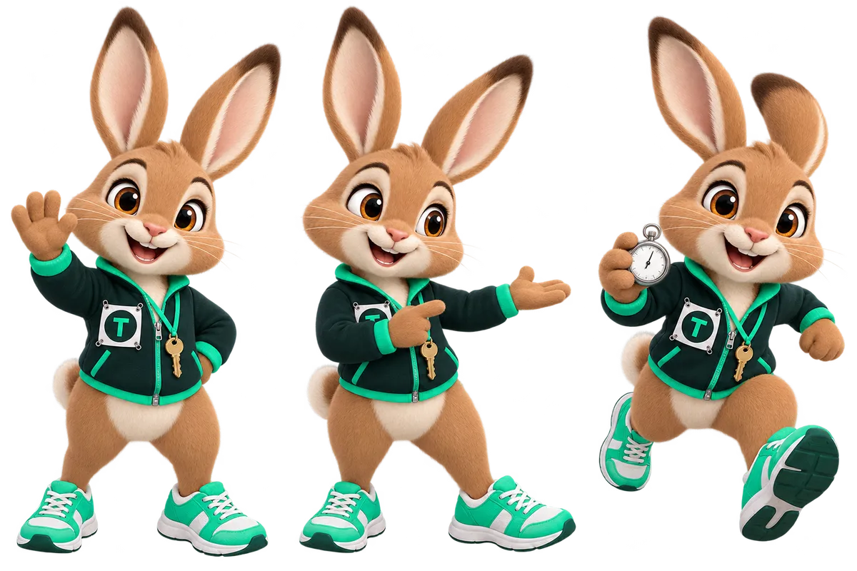 Tavi the hare in three poses: waving hello, presenting with an open paw, and sprinting with a stopwatch